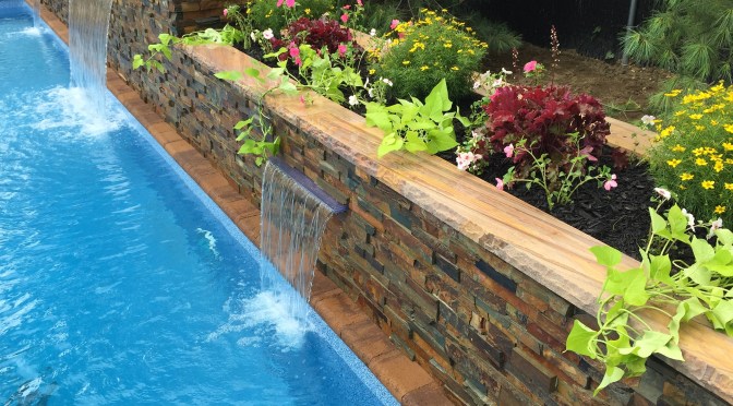 Nicolock Paver Pool Patio with Triple Stone Veneer Waterfalls, Lindenhurst, N.Y.